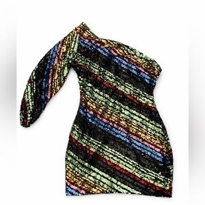 One-Shoulder Sequin Dress - Multicolor // cocktail dress, NYE dress, party dress